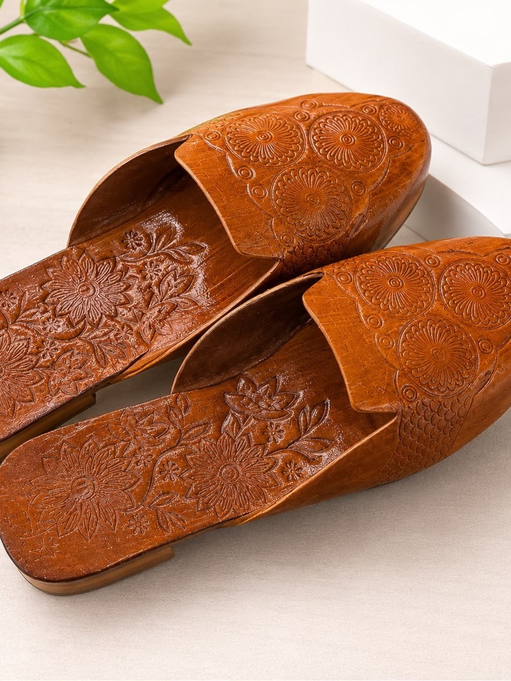 US 9.5 -Indian Handcrafted Women's Brown Leather Embossed Floral Slip-On Mule